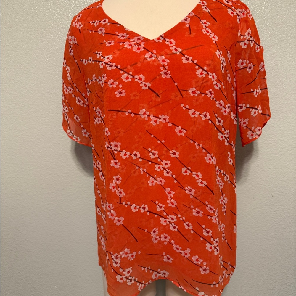CAbi Orange Floral V-Neck Blouse